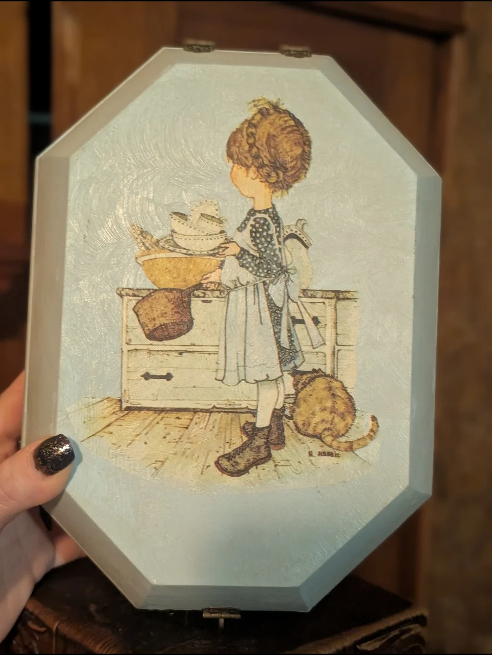 Vintage Hand Painted and Decaled Vintage 1970s  Girl and Cat Wooden Box